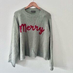 Wooden Ships Gray Wool Blend Merry Christmas Sweater Sz M/L